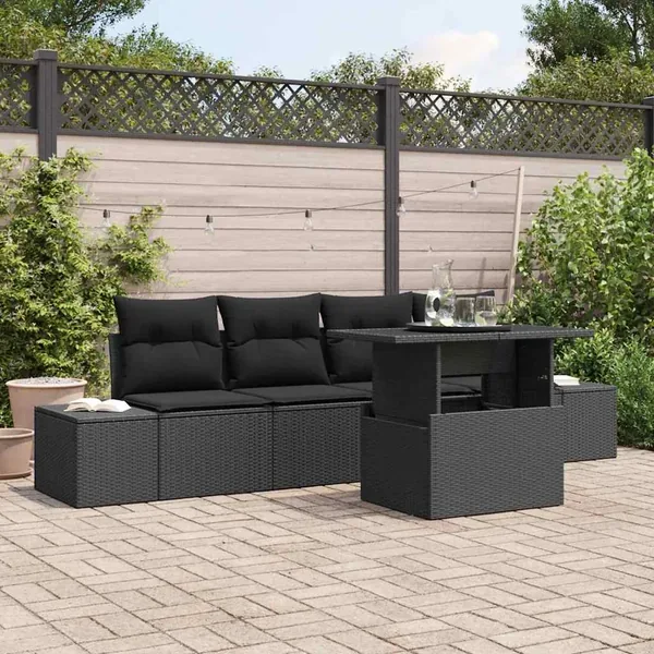 Ensemble de Canapés avec coussin 5 pcs Noir polyrotin