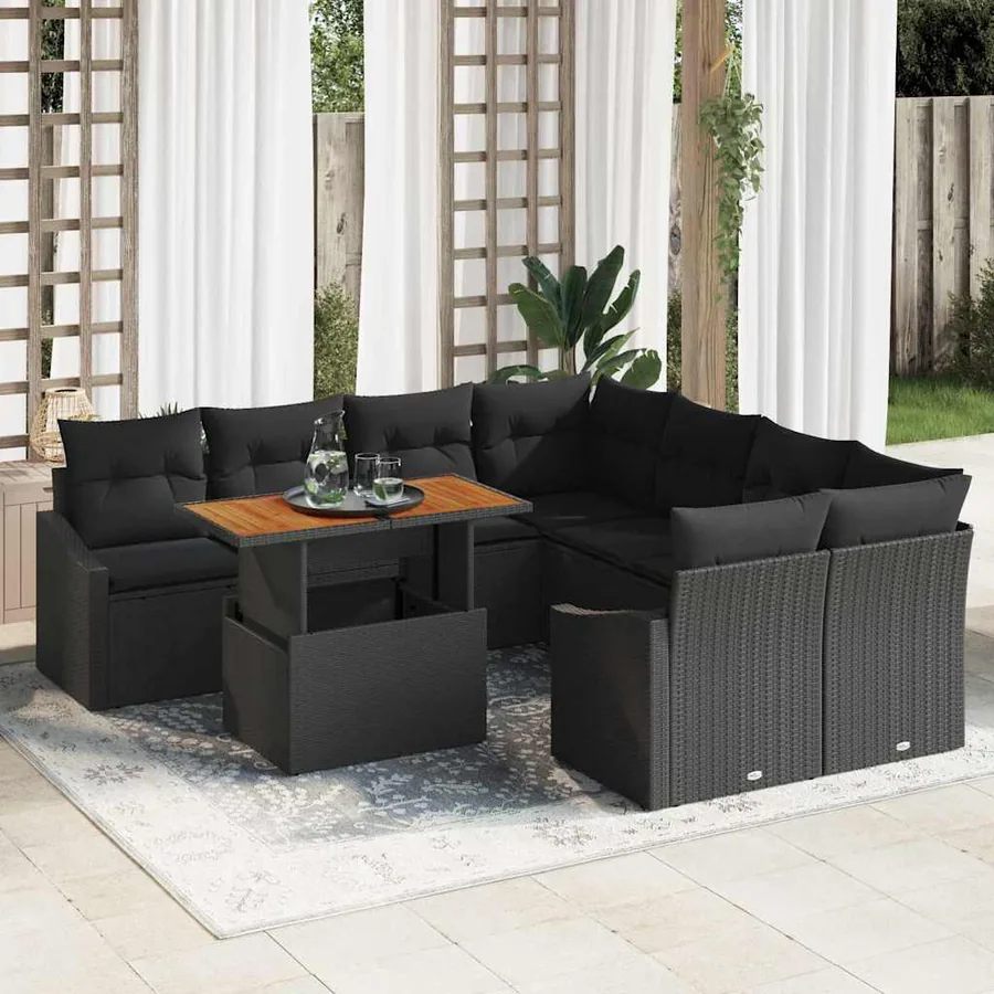 Ensemble de canapé de jardin 9 pcs Noir Poly rotin