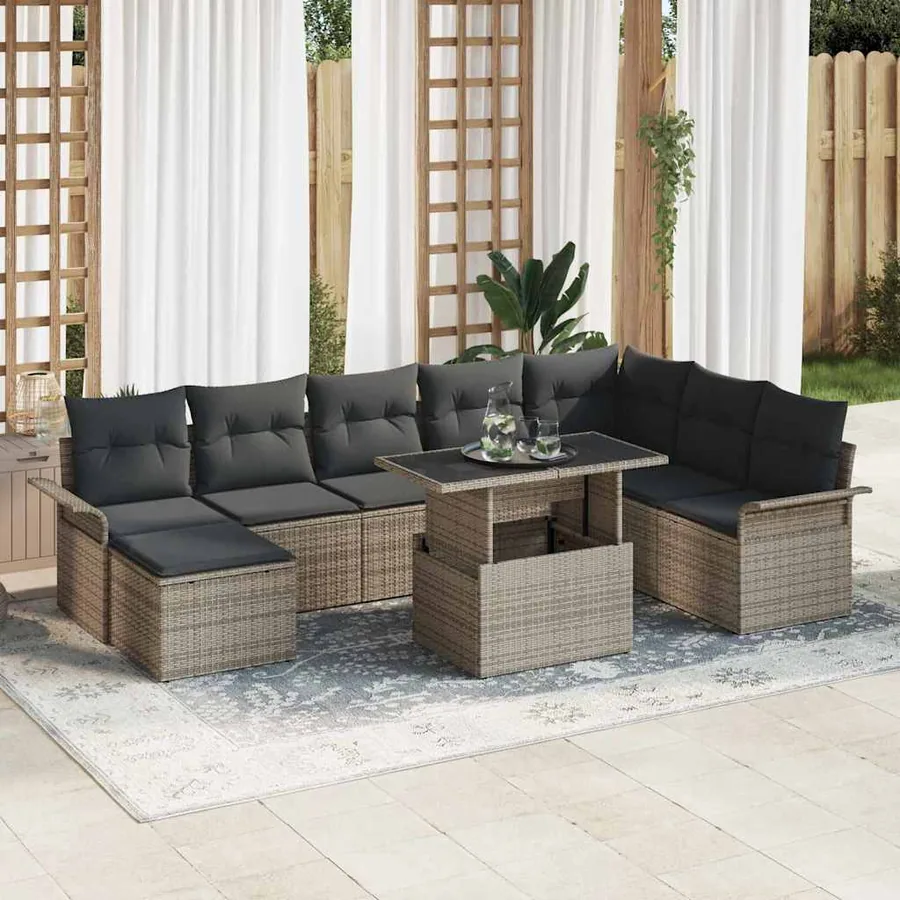 Ensemble de canapé de jardin avec coussin 9 pcs Gris polyrotin