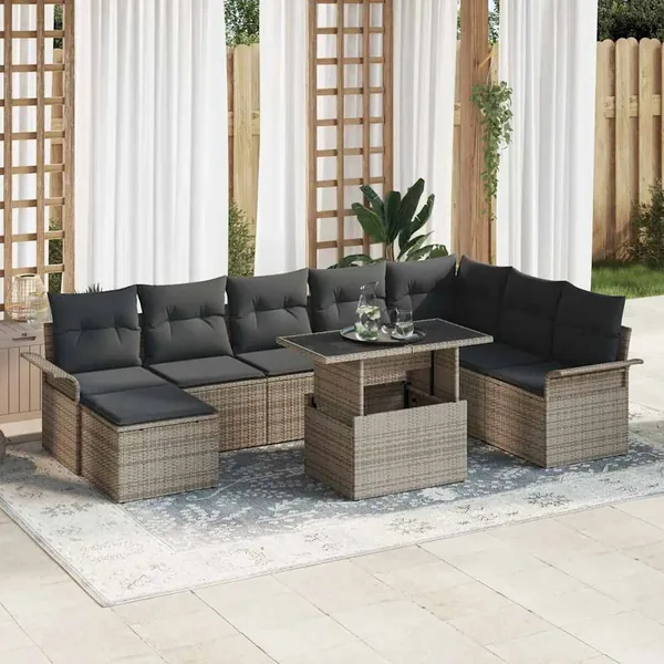 Ensemble de canapé de jardin avec coussin 9 pcs Gris polyrotin