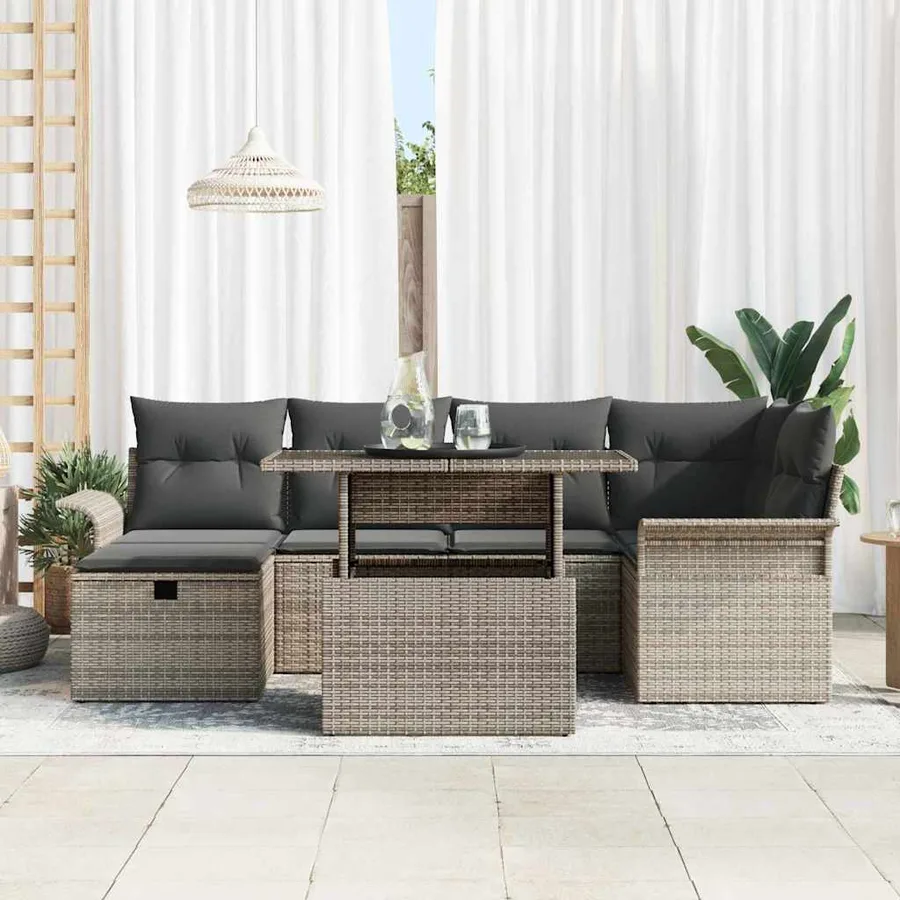 Ensemble de canapé de jardin avec coussin 7 pcs Gris polyrotin - 3