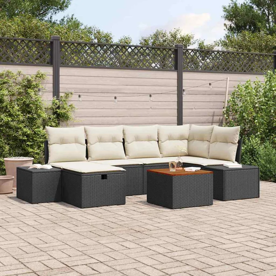 Ensemble de canapé de jardin avec coussin 7 pcs Noir polyrotin