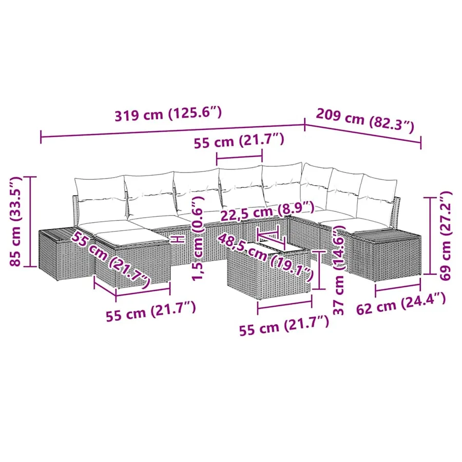 Ensemble de canapé de jardin 9 pcs Gris clair polyrotin - 10