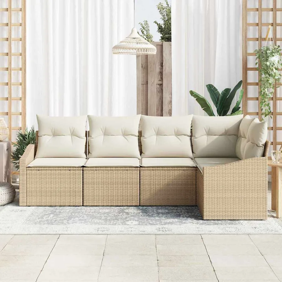 Ensemble de canapé de jardin 5 pcs Beige et blanc polyrotin - 3