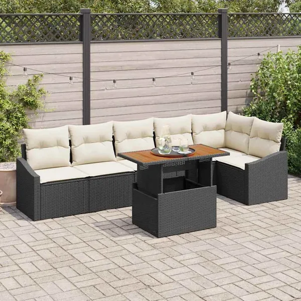 Ensemble de canapé de jardin 7 pcs Noir Poly rotin