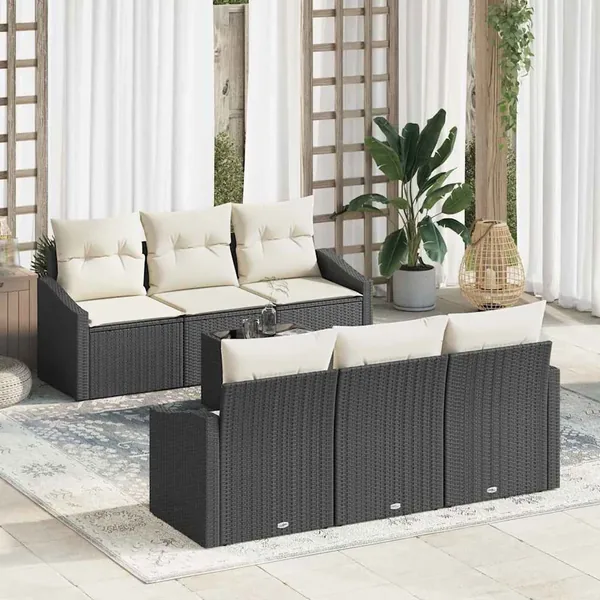 Ensemble de Canapés avec coussin 7 pcs Noir et Crème polyrotin