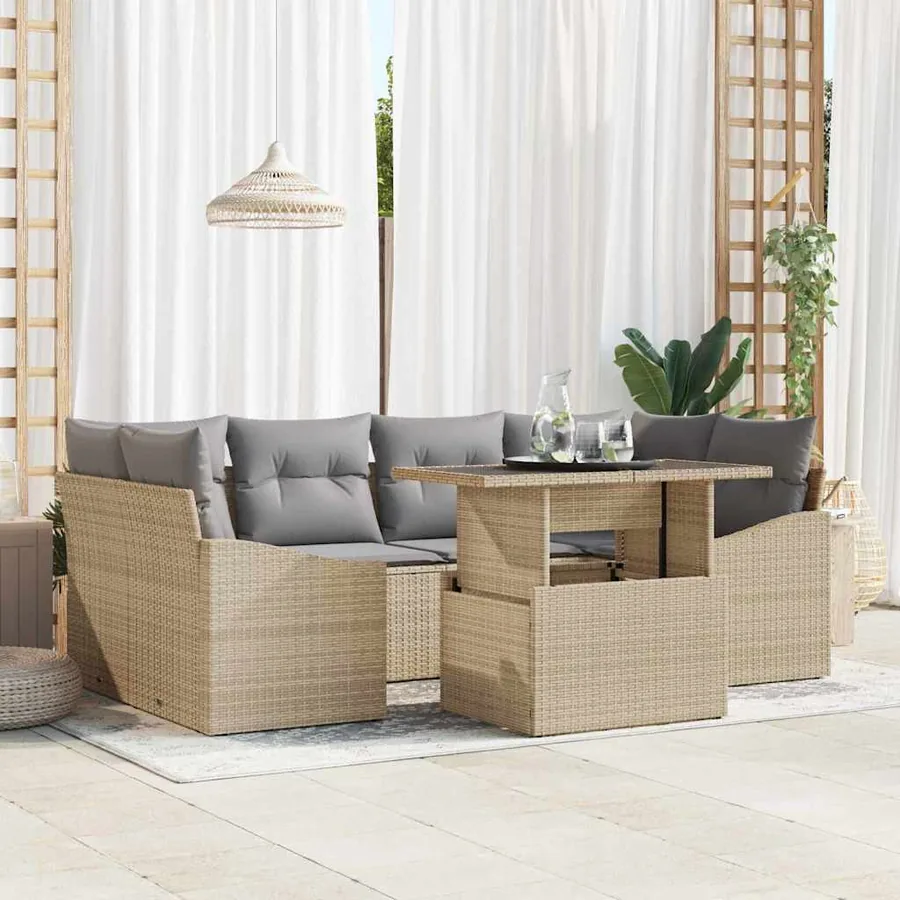 Ensemble de canapé de jardin avec coussin 7 pcs Beige polyrotin