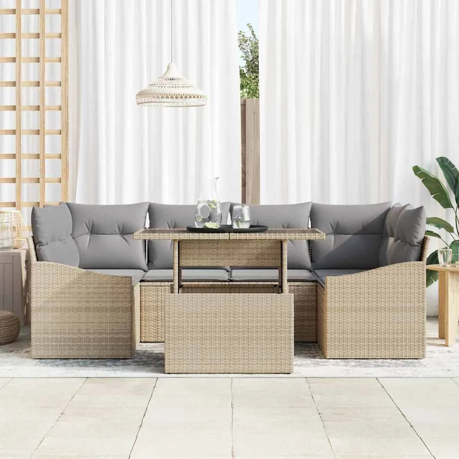 Ensemble de canapé de jardin avec coussin 7 pcs Beige polyrotin - 3