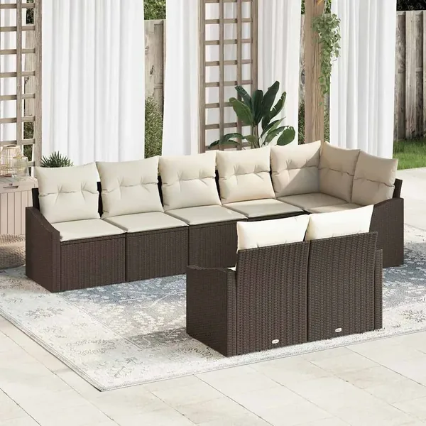 Ensemble de canapé de jardin 8 pcs Marron et blanc polyrotin