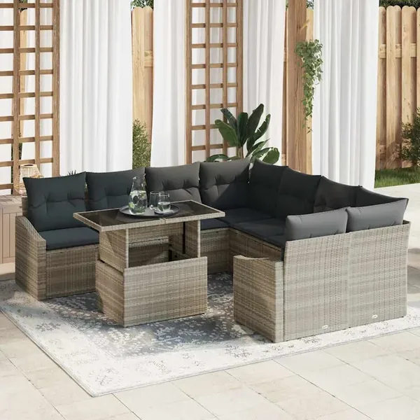 Ensemble de canapé de jardin 9 pcs Gris clair Poly rotin