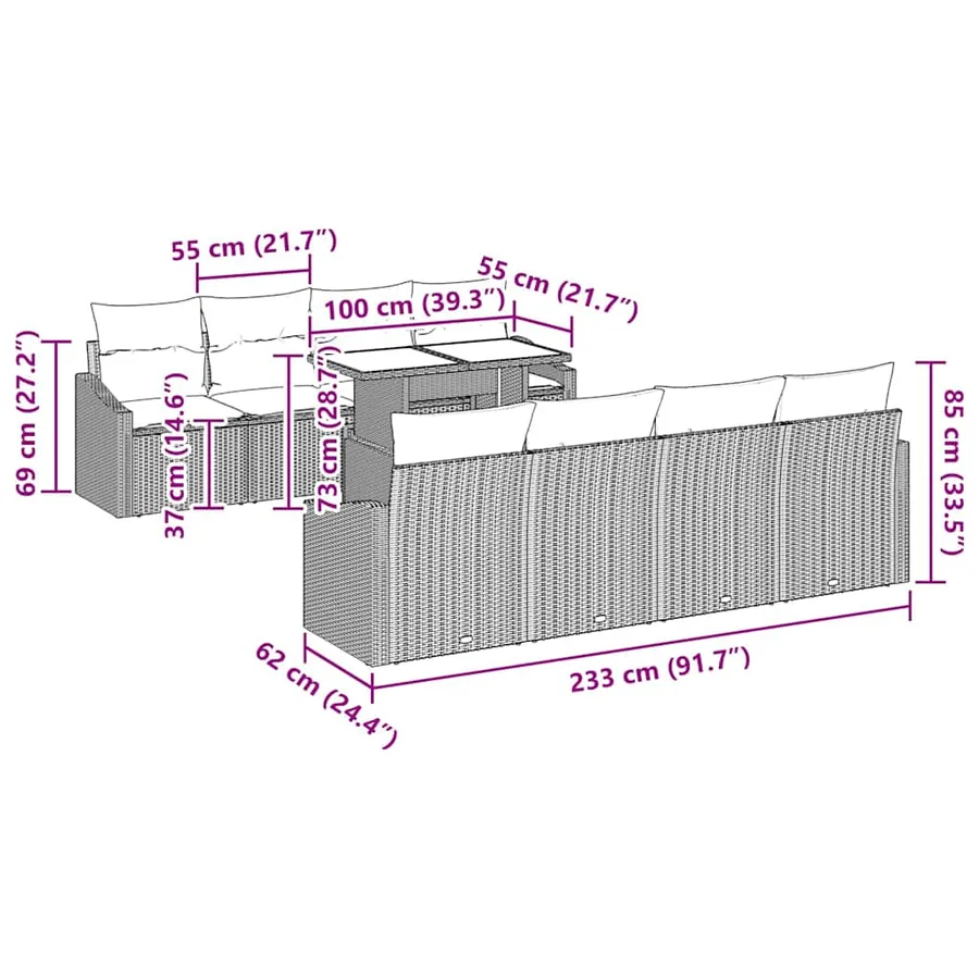 Ensemble de canapé de jardin 9 pcs Marron polyrotin - 13