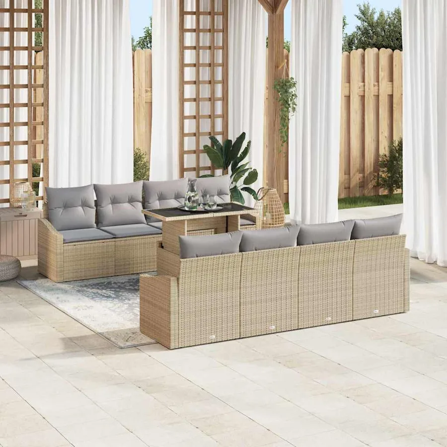 Ensemble de canapé de jardin avec coussin 9 pcs Beige polyrotin - 3