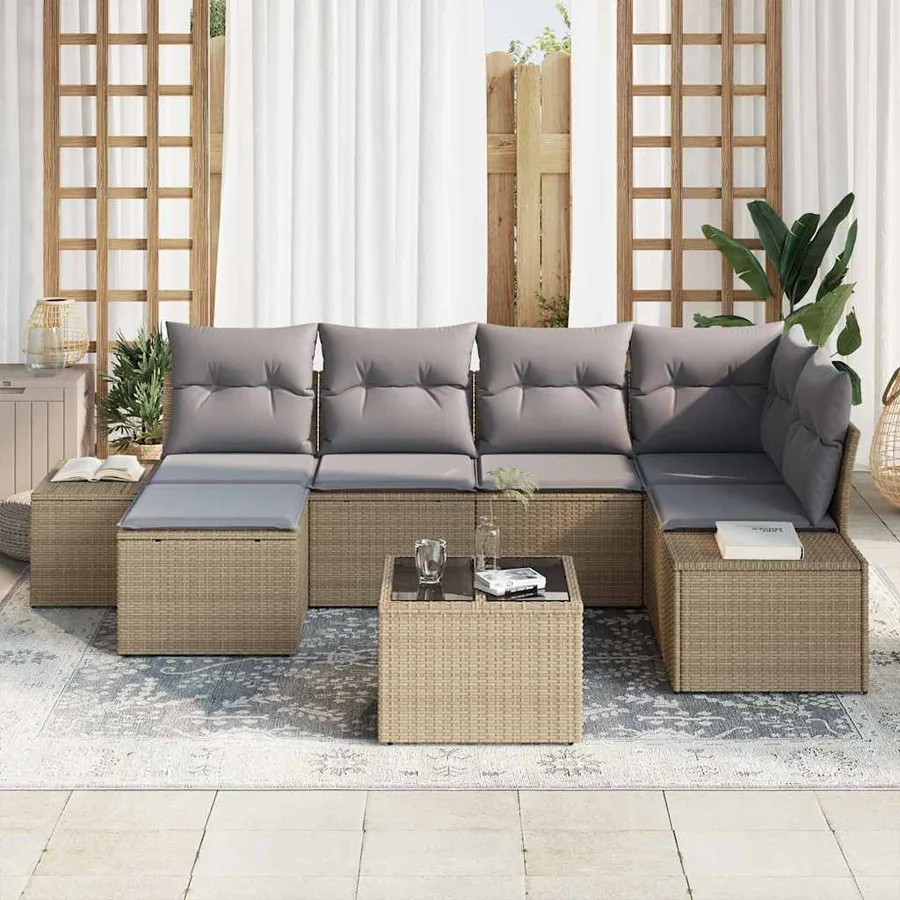 Ensemble de canapé de jardin 7 pcs Beige et gris polyrotin - 3