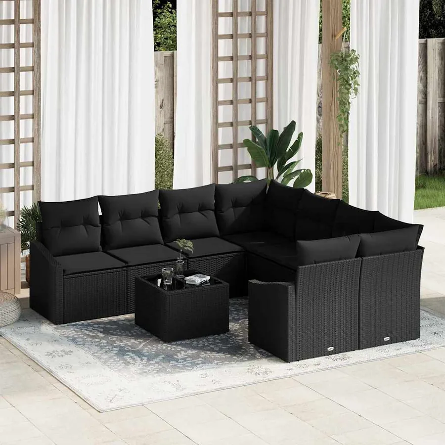 Ensemble de Canapés avec coussin 9 pcs Noir polyrotin