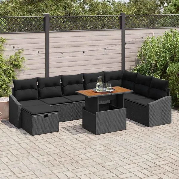 Ensemble de canapé de jardin avec coussin 9 pcs Noir polyrotin