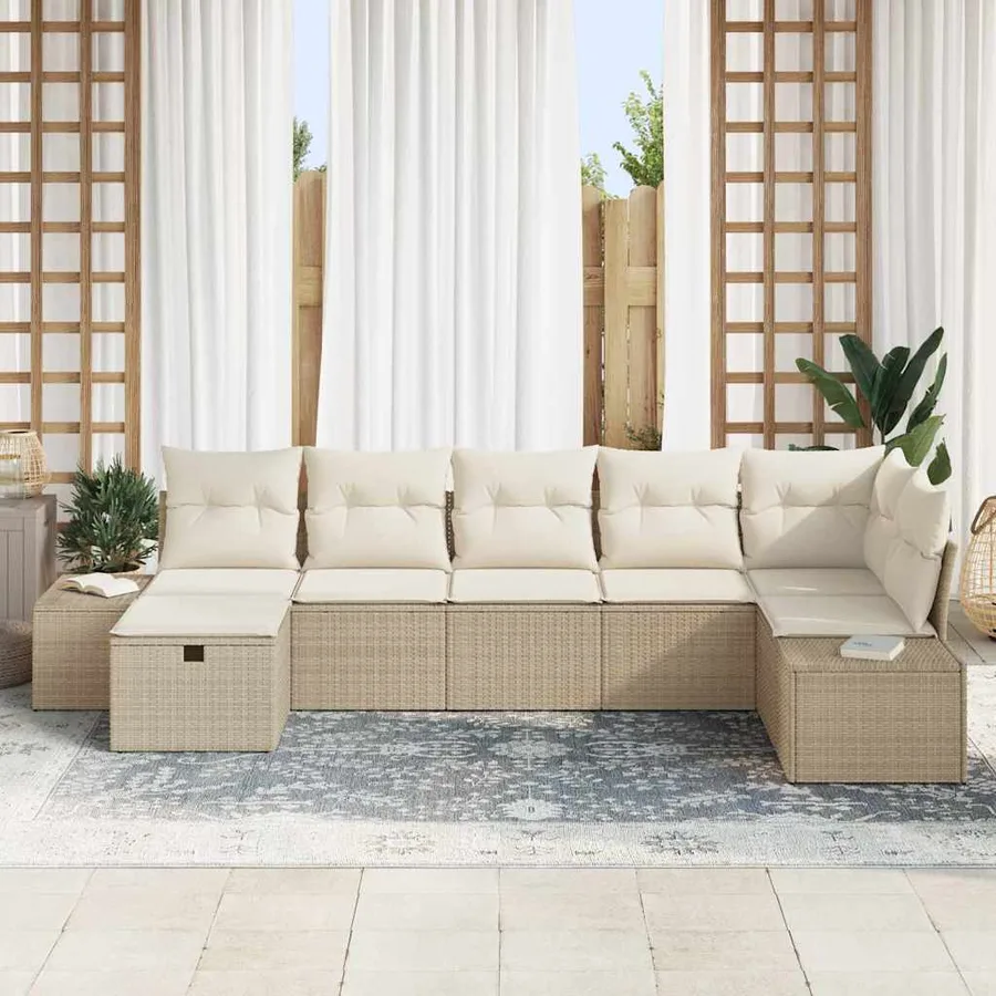 Ensemble de canapé de jardin avec coussin 7 pcs Beige polyrotin - 3