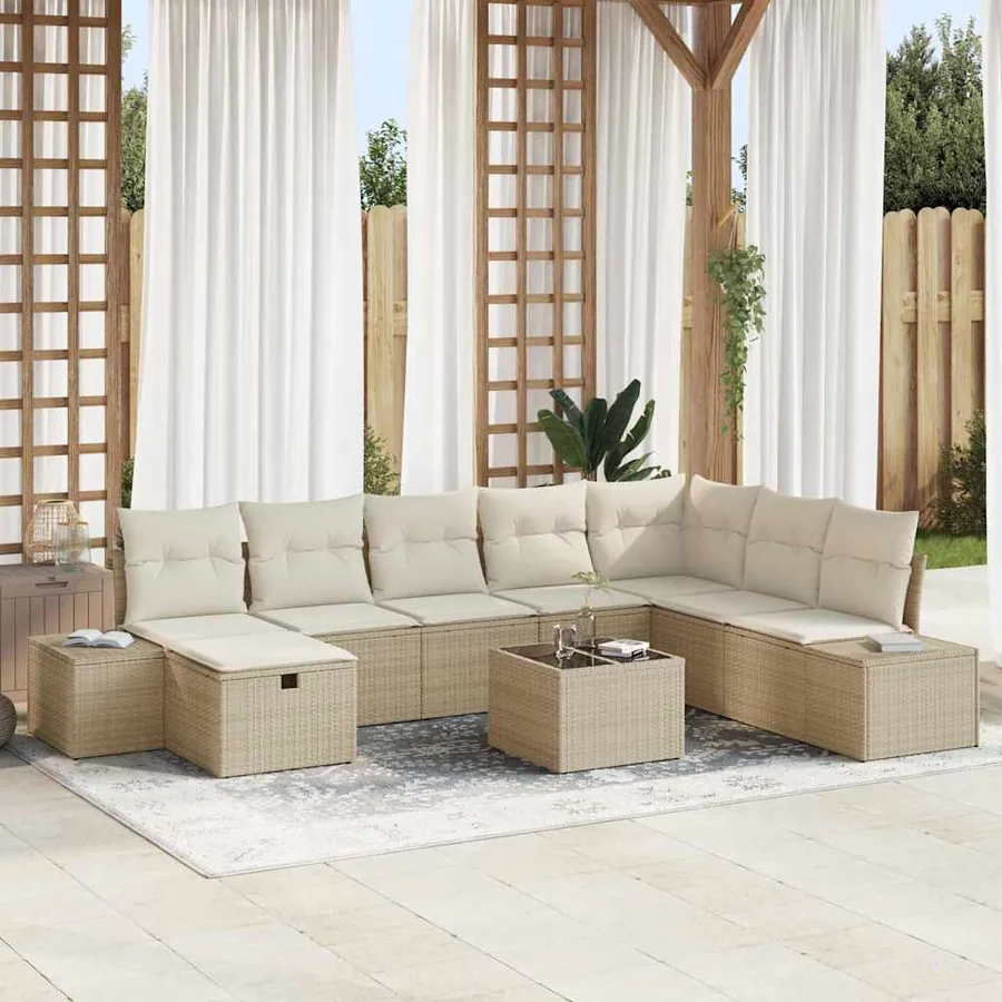 Ensemble de canapé de jardin avec coussin 9 pcs Beige polyrotin