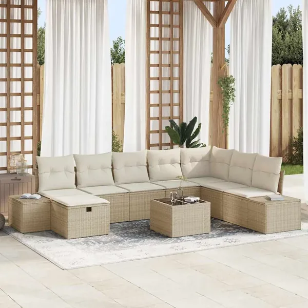 Ensemble de canapé de jardin avec coussin 9 pcs Beige polyrotin