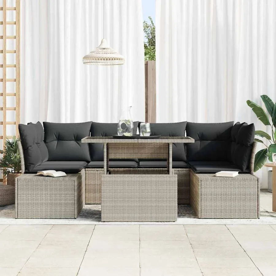 Ensemble de Canapés avec coussin 7 pcs Gris clair polyrotin - 3