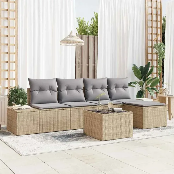 Ensemble de canapé de jardin avec coussin 6 pcs Beige polyrotin