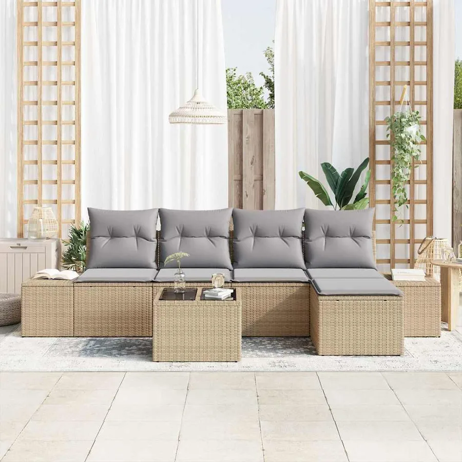 Ensemble de canapé de jardin avec coussin 6 pcs Beige polyrotin - 3
