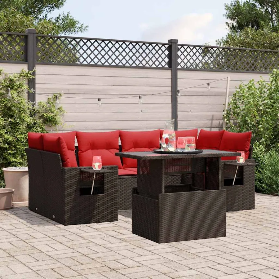Ensemble de canapé de jardin 7 pcs avec coussins marron résine tressée