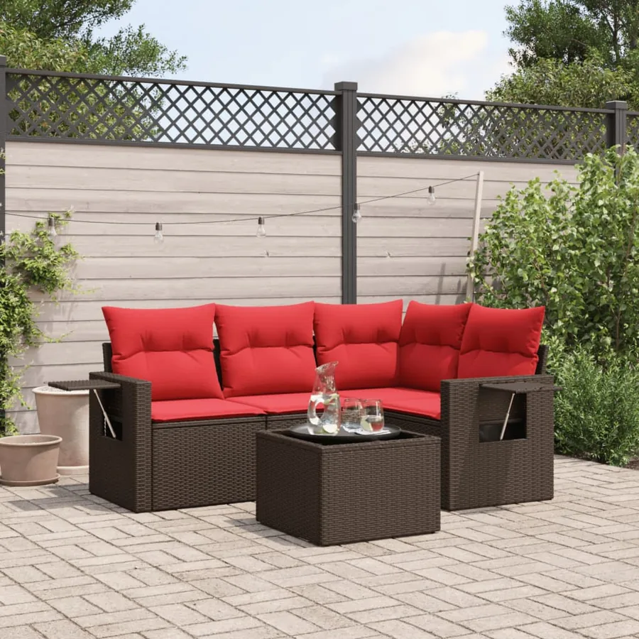 Ensemble de canapé de jardin 5 pcs avec coussins marron résine tressée