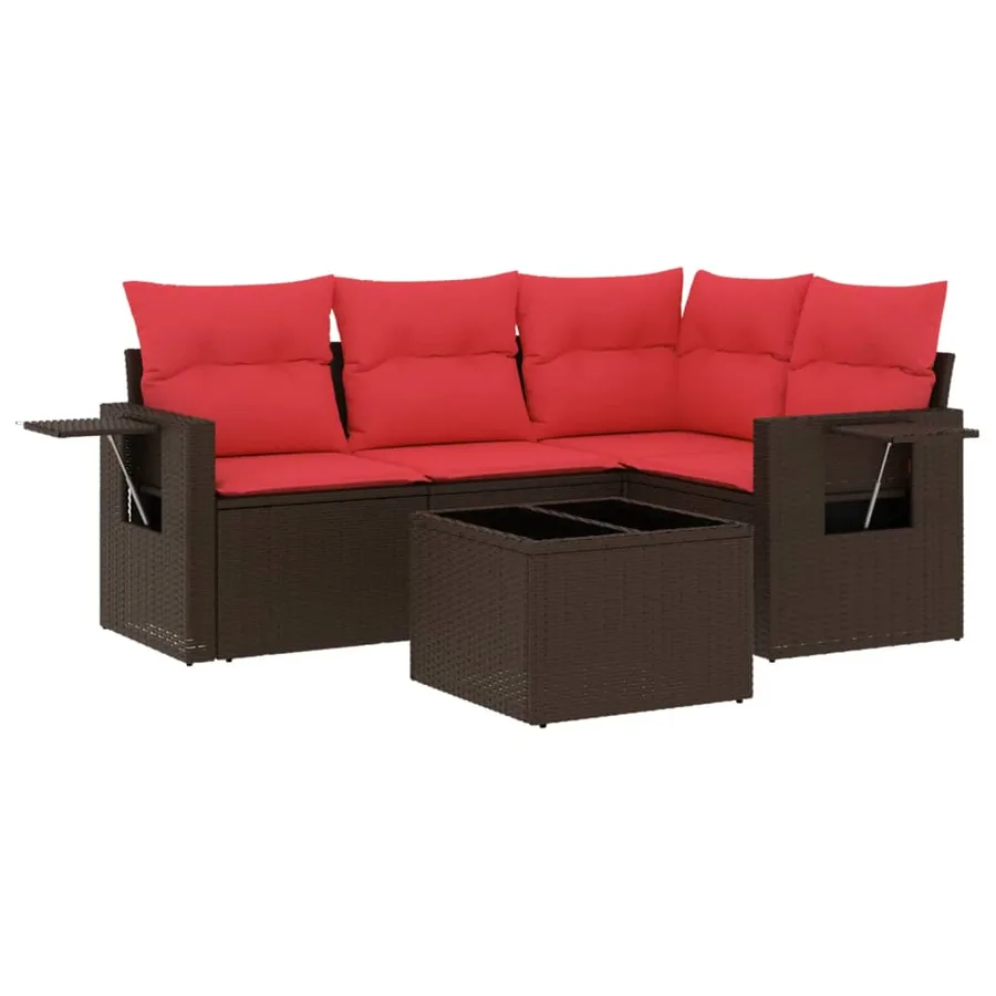 Ensemble de canapé de jardin 5 pcs avec coussins marron résine tressée - 2