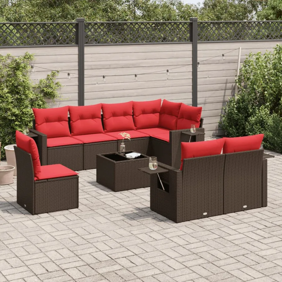 Ensemble de canapé de jardin 9 pcs avec coussins marron résine tressée