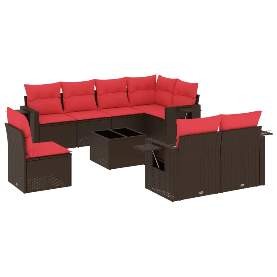 Ensemble de canapé de jardin 9 pcs avec coussins marron résine tressée - 2
