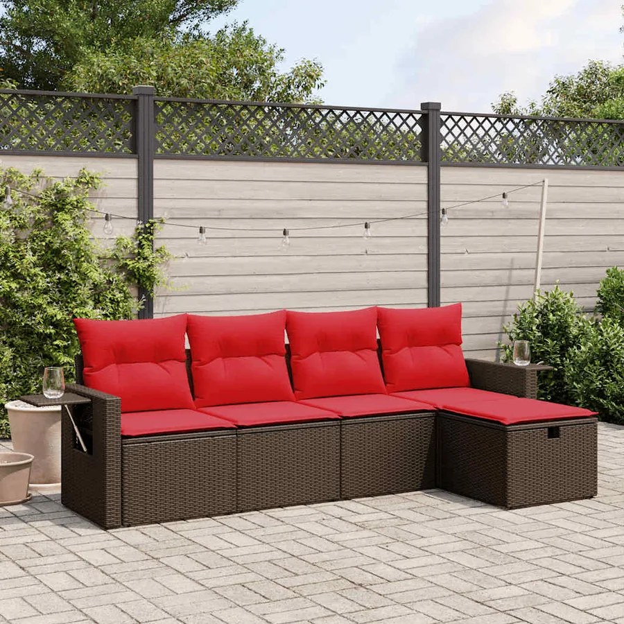 Ensemble de canapé de jardin 5 pcs avec coussins marron résine tressée