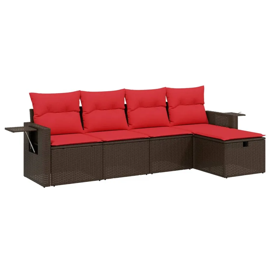 Ensemble de canapé de jardin 5 pcs avec coussins marron résine tressée - 2