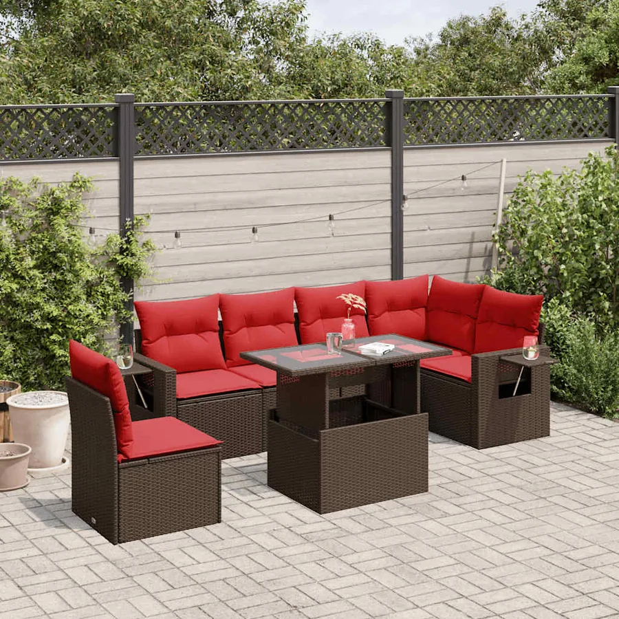 Ensemble de canapé de jardin 7 pcs avec coussins marron résine tressée
