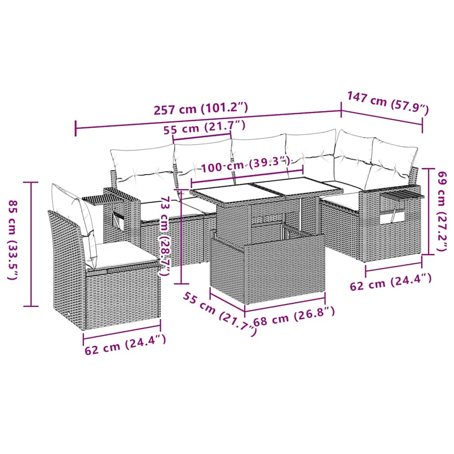 Ensemble de canapé de jardin 7 pcs avec coussins marron résine tressée - 11