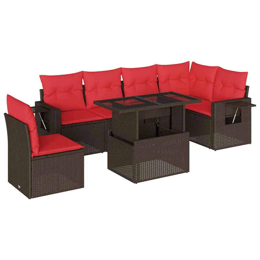 Ensemble de canapé de jardin 7 pcs avec coussins marron résine tressée - 2