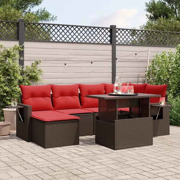 Ensemble de canapé de jardin 7 pcs avec coussins marron résine tressée