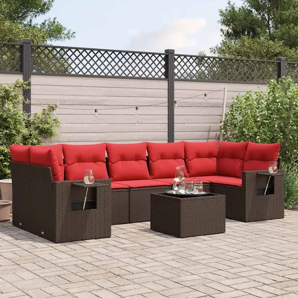 Ensemble de canapé de jardin 8 pcs avec coussins marron résine tressée