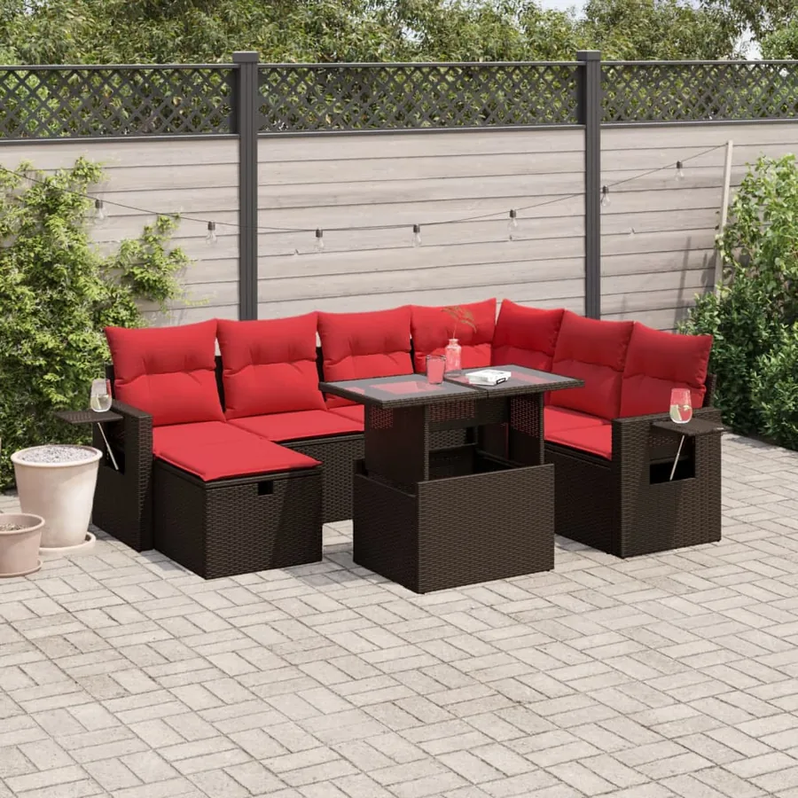 Ensemble de canapé de jardin 8 pcs avec coussins marron résine tressée