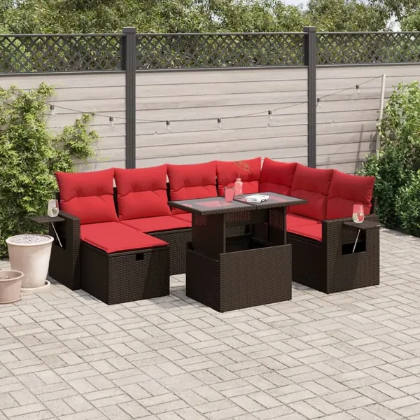 Ensemble de canapé de jardin 8 pcs avec coussins marron résine tressée