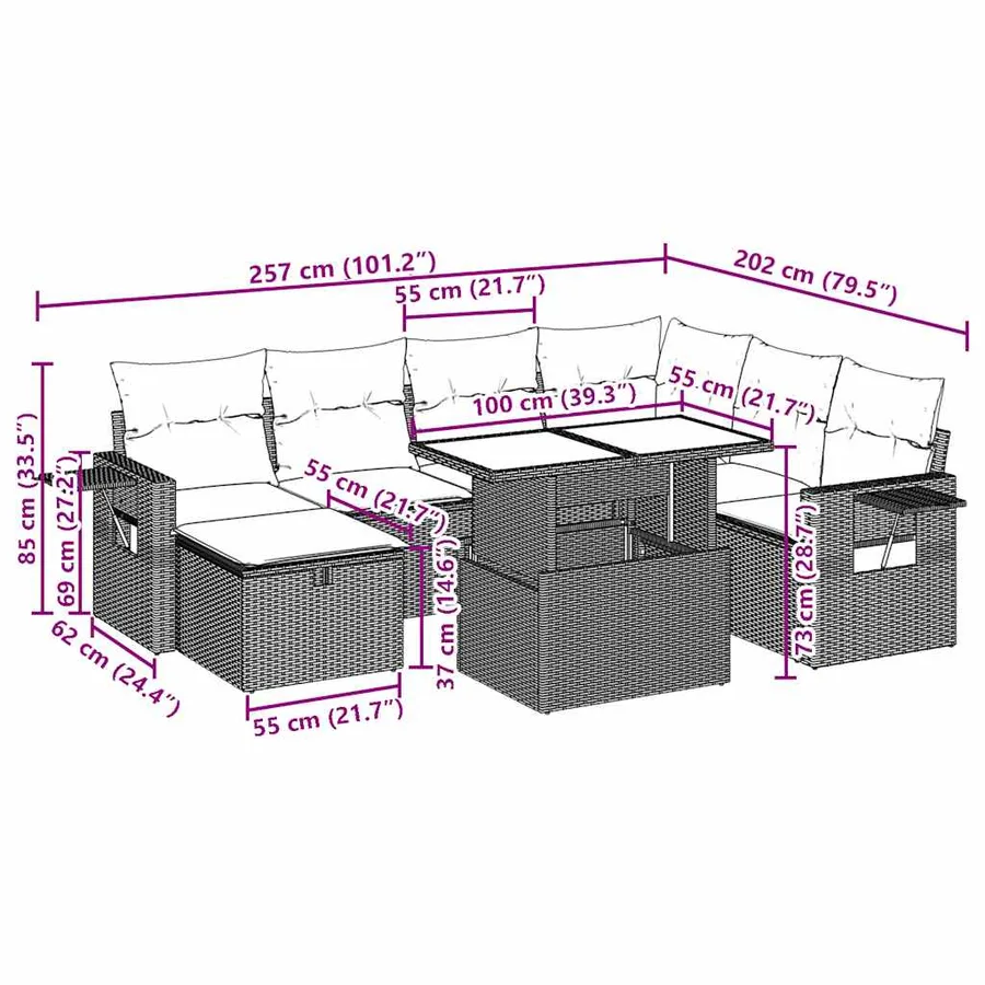 Ensemble de canapé de jardin 8 pcs avec coussins marron résine tressée - 14