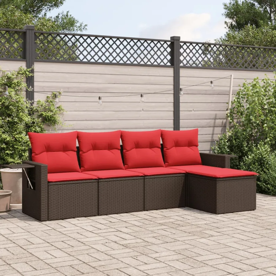 Ensemble de canapé de jardin 5 pcs avec coussins marron résine tressée