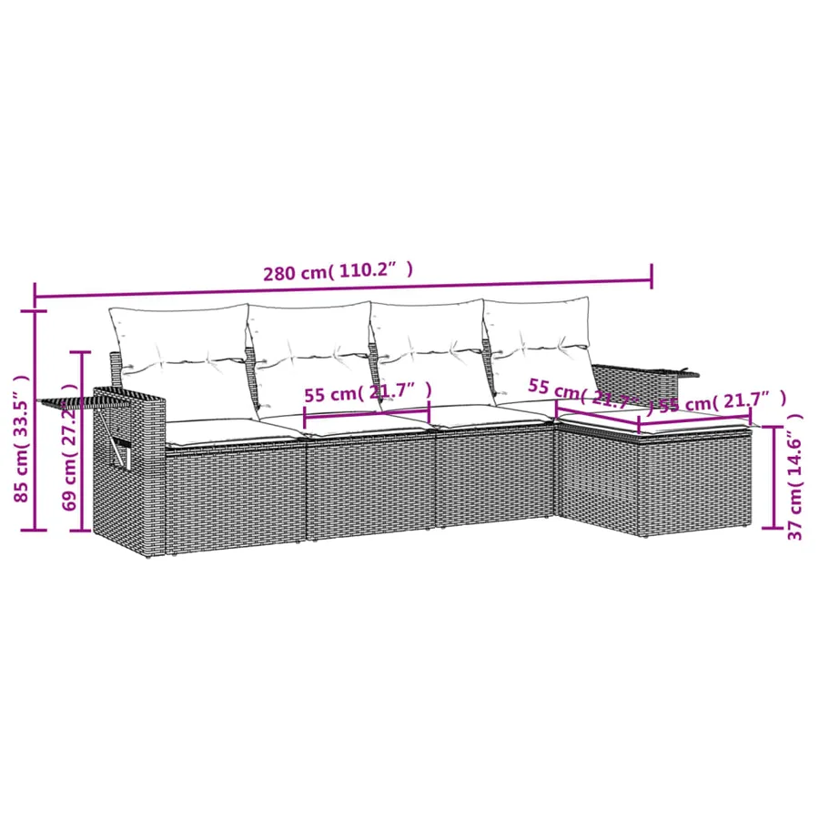 Ensemble de canapé de jardin 5 pcs avec coussins marron résine tressée - 8