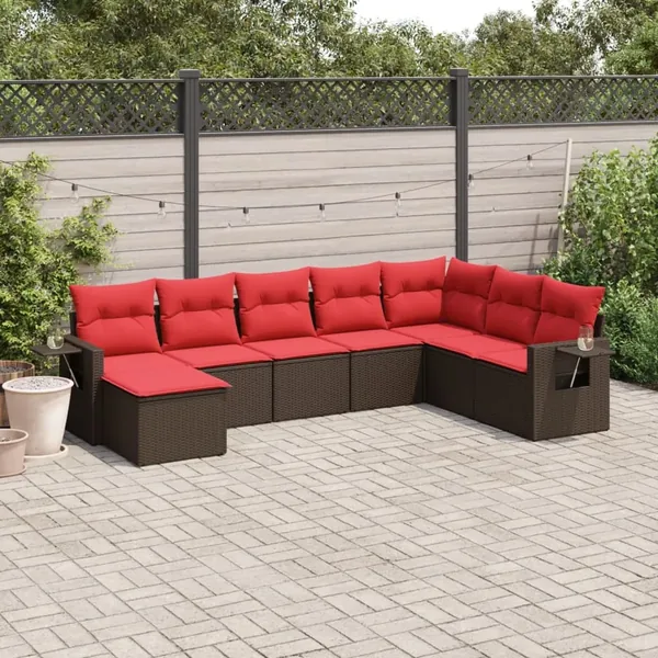 Ensemble de canapé de jardin 8 pcs avec coussins marron résine tressée