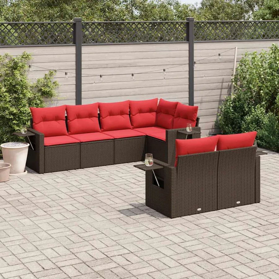 Ensemble de canapé de jardin 7 pcs avec coussins marron résine tressée