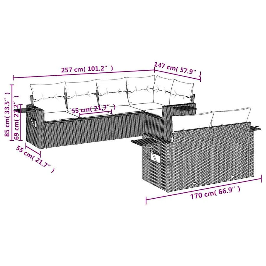 Ensemble de canapé de jardin 7 pcs avec coussins marron résine tressée - 8