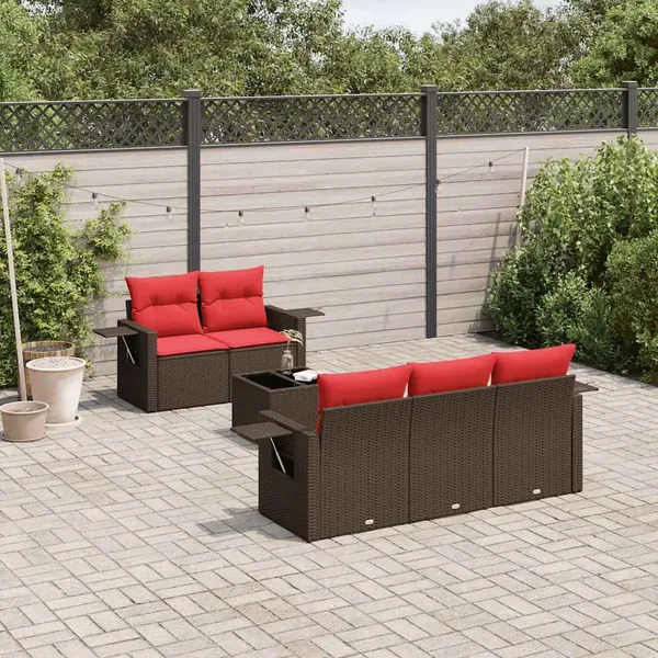 Ensemble de canapé de jardin 6 pcs avec coussins marron résine tressée