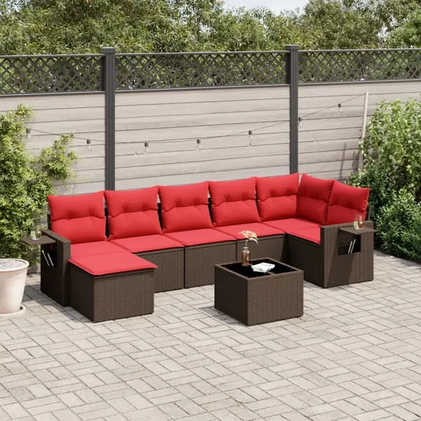 Ensemble de canapé de jardin 8 pcs avec coussins marron résine tressée