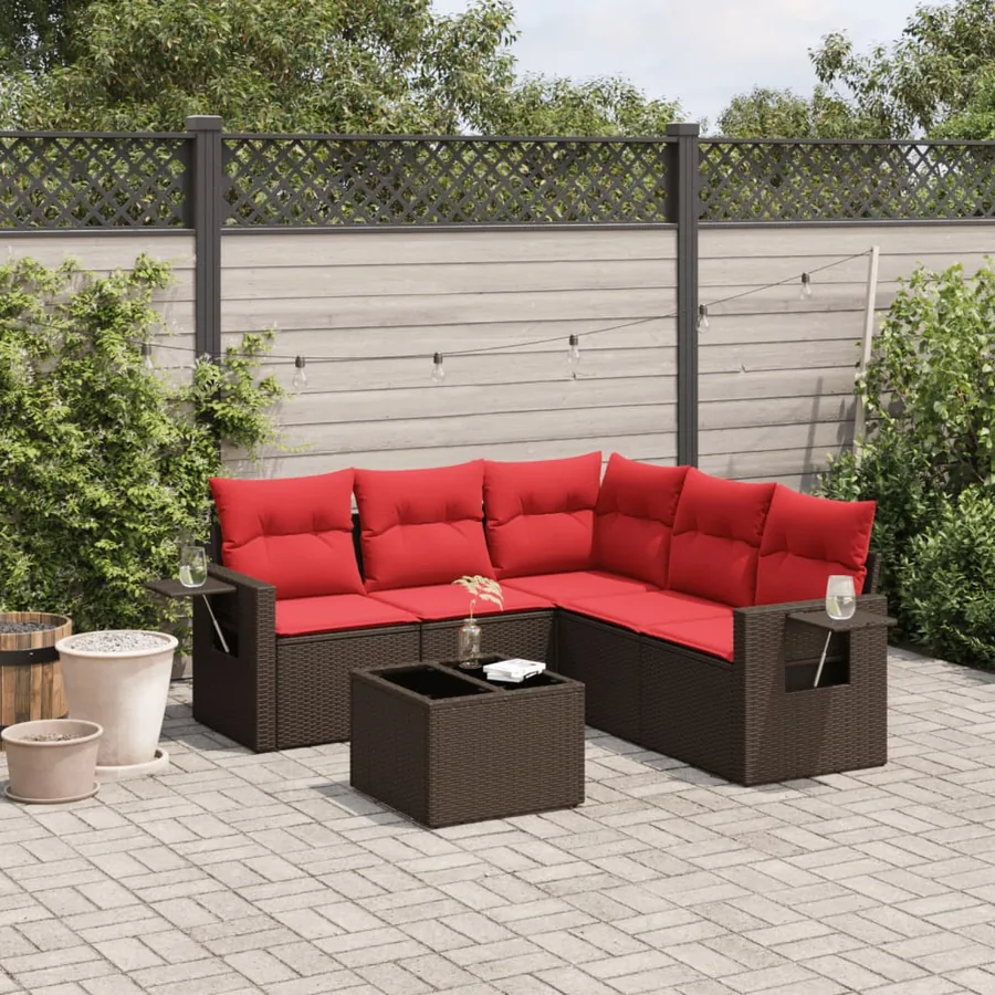 Ensemble de canapé de jardin 6 pcs avec coussins marron résine tressée
