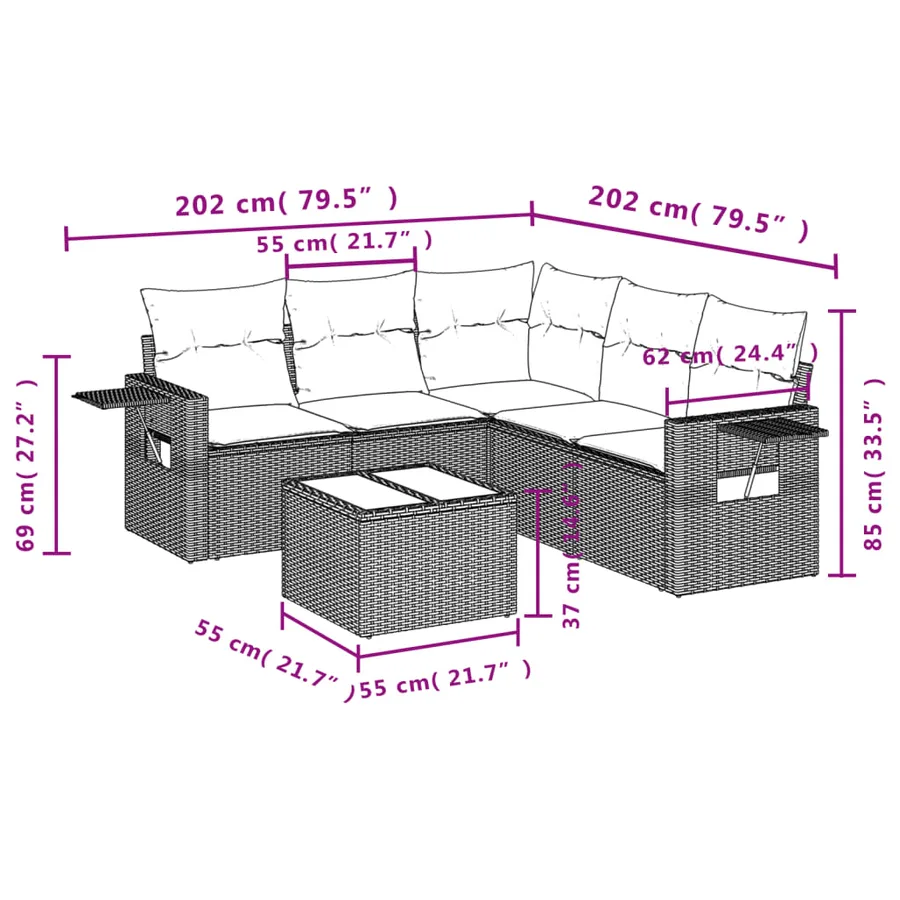 Ensemble de canapé de jardin 6 pcs avec coussins marron résine tressée - 9