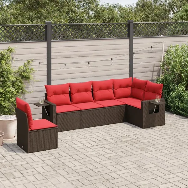Ensemble de canapé de jardin 6 pcs avec coussins marron résine tressée